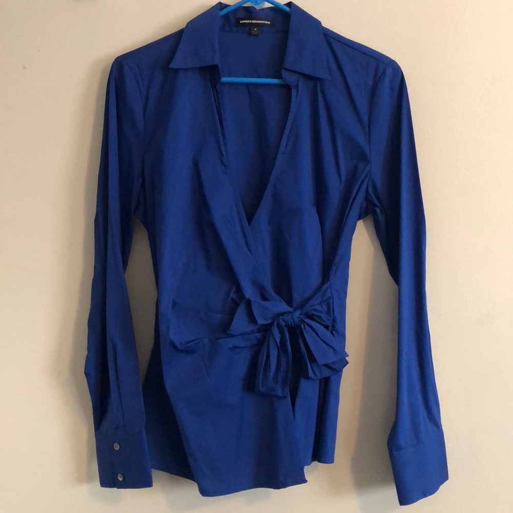 Express Blue Wrap Long Sleeve Blouse